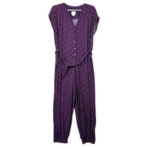Maeve Women's Jumpsuit Medium Pink Navy Geometric Print Button Front Belted